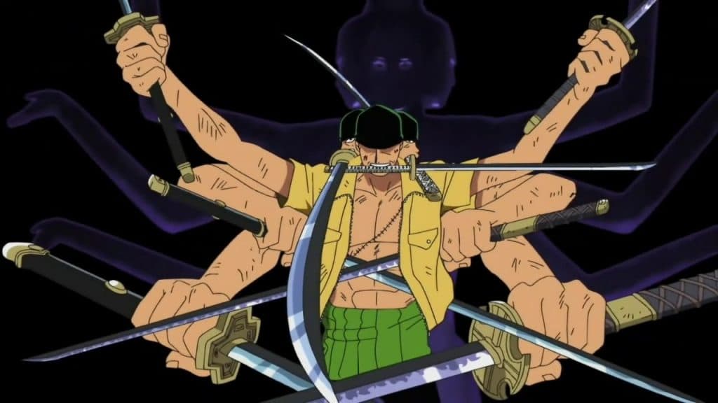 An image of Zoro using nine-sword style in One Piece