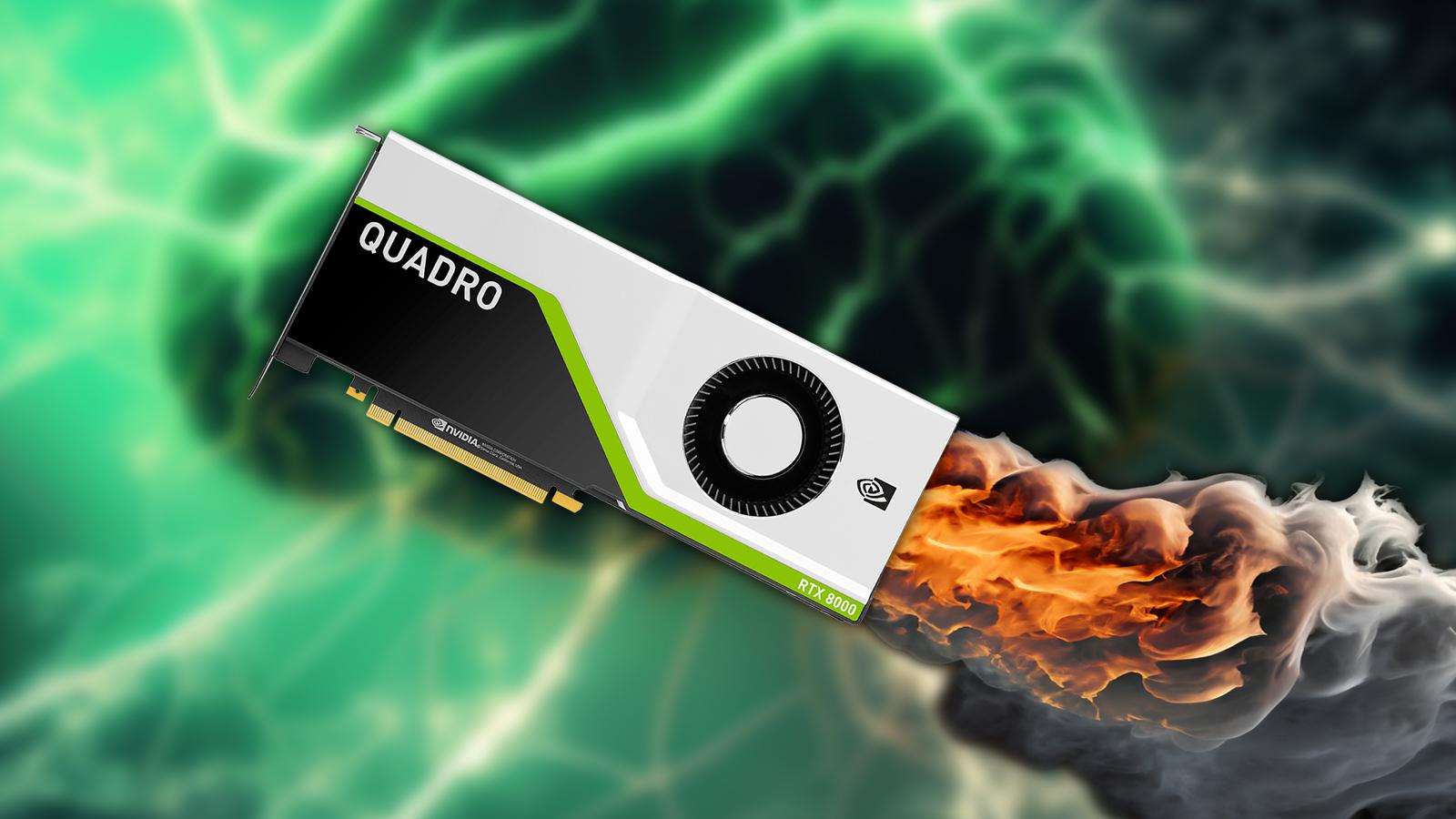 Quadro Nvidia GPU flying through the air with a background of a green cloud with neurons to represent ai
