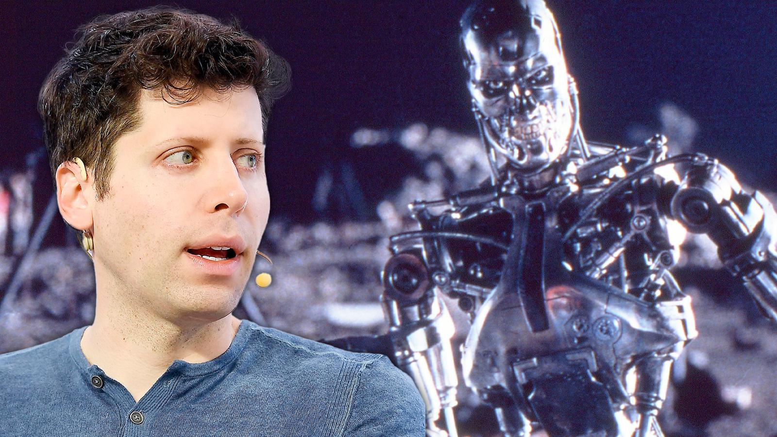 sam altman of Open AI with terminator behind them