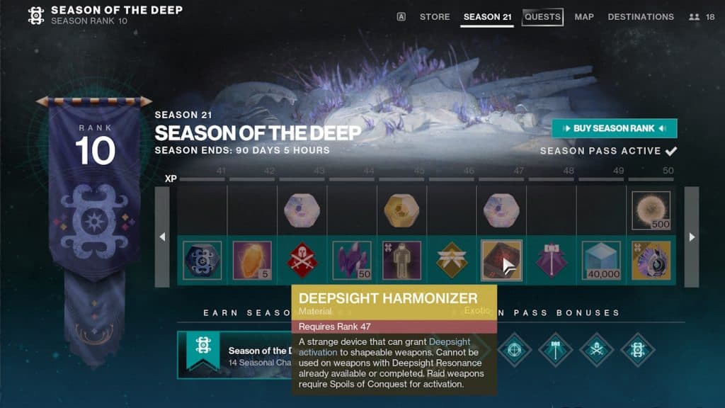 the season 21 season pass for season of the deep in destiny features new deepsight harmonizer currency. 
