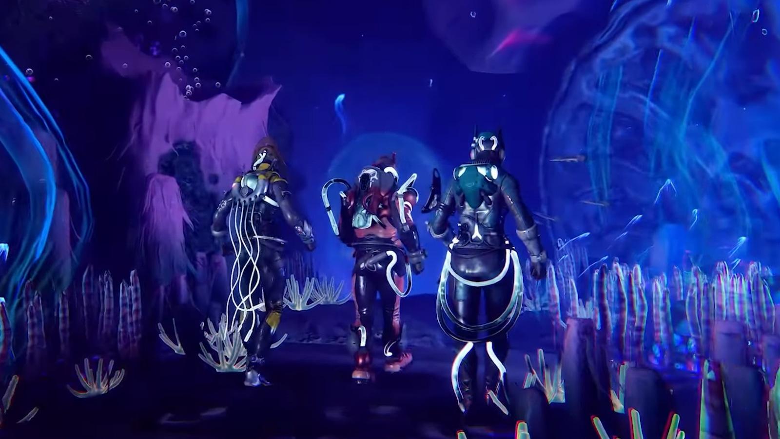 three guardians exploring underwater in destiny 2 season of the deep update.