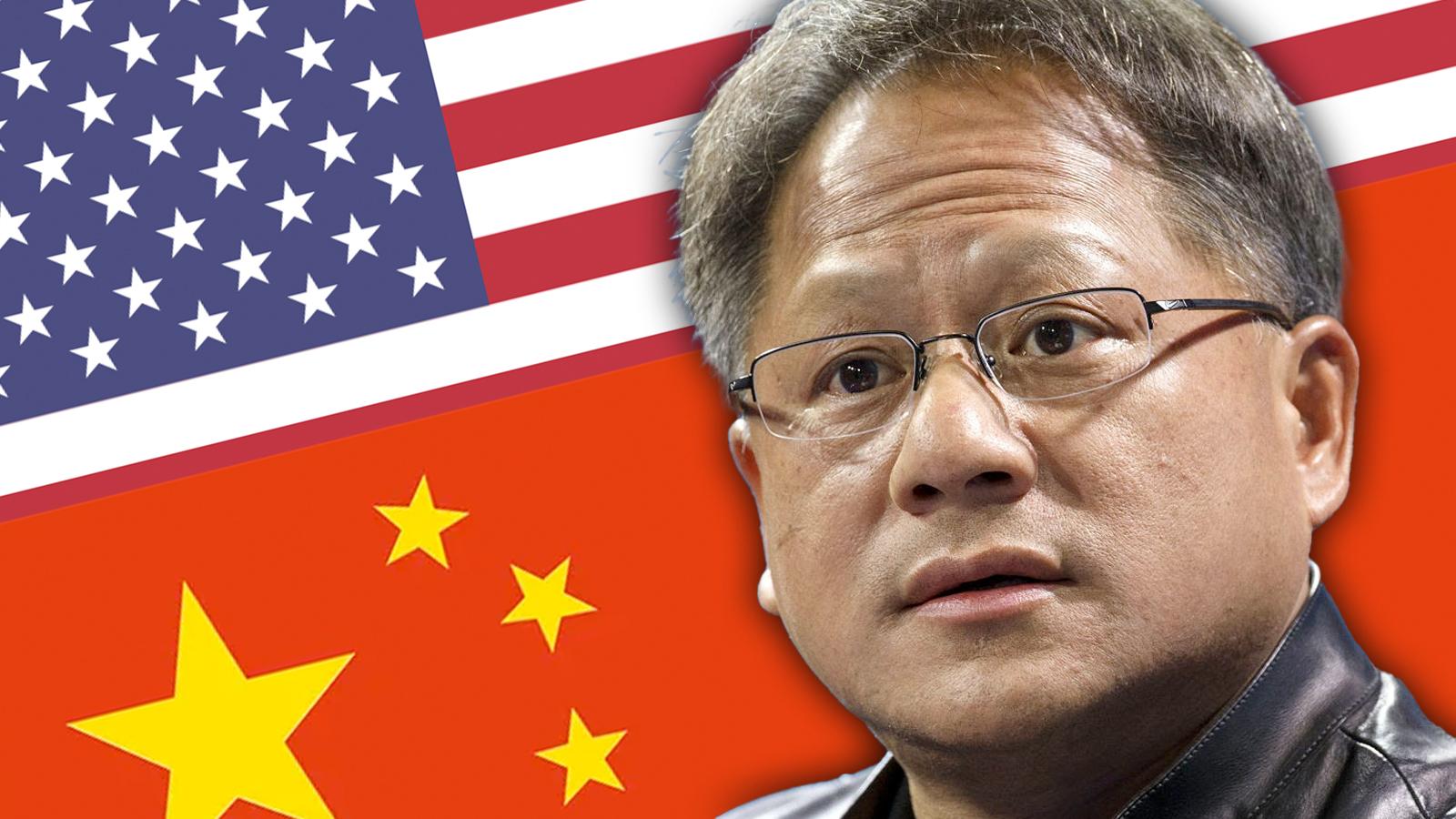 Jensen Huang, Nvidia CEO, with US and Chinese flags behind him