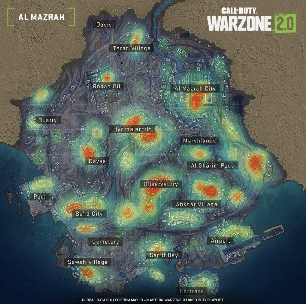 Heat map of popular landing spots in Warzone 2 Ranked play