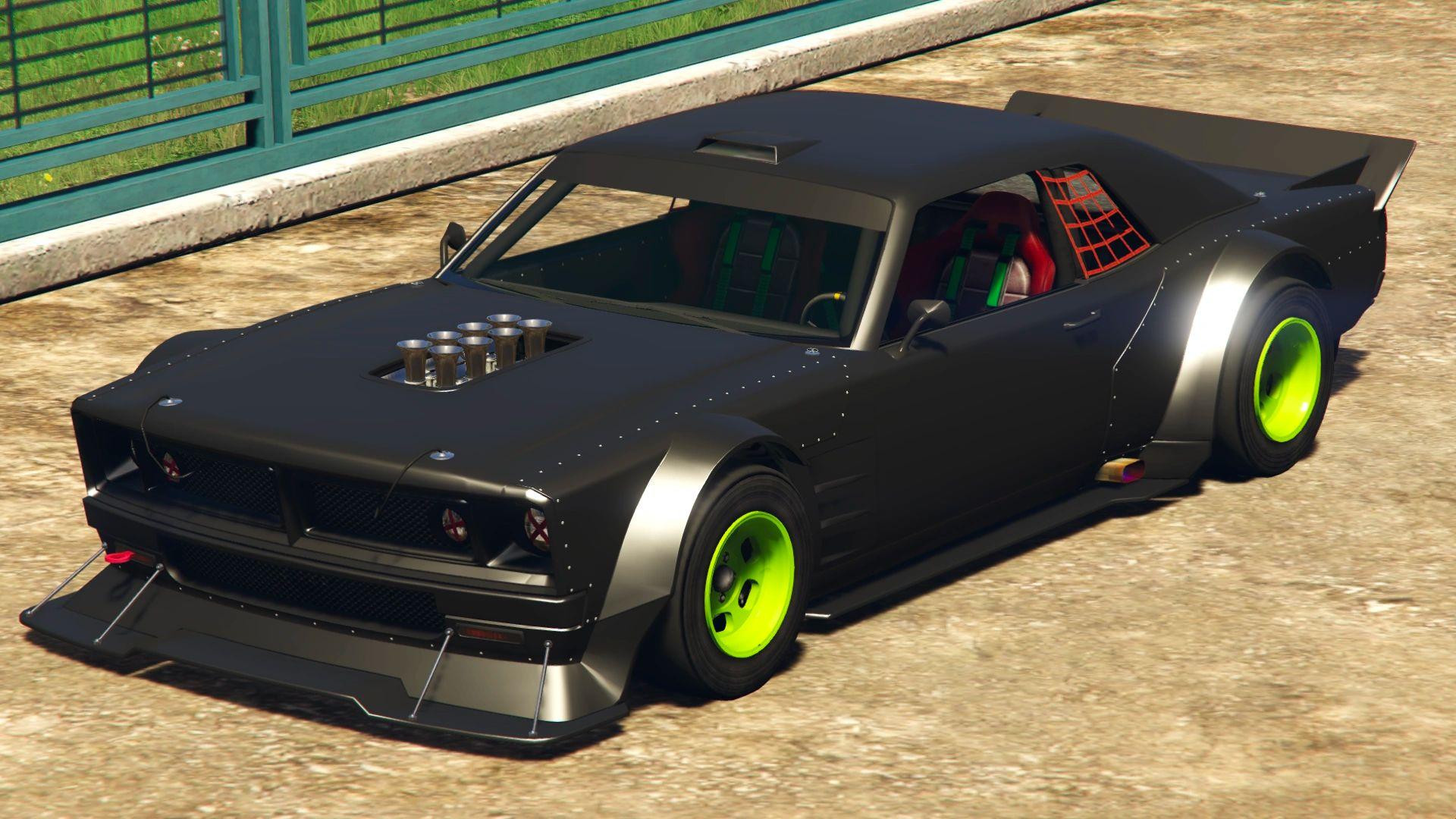 Black and Green Declasse Drift Tampa parked up in GTA Online.