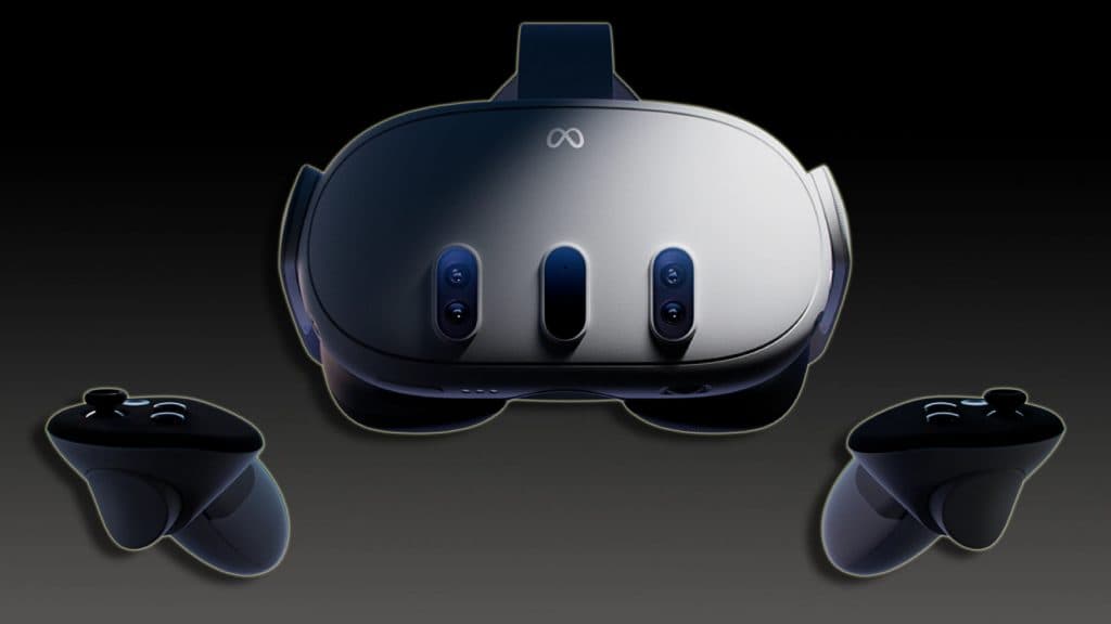 Meta Quest 3 VR headset and 2 controllers on a dark background