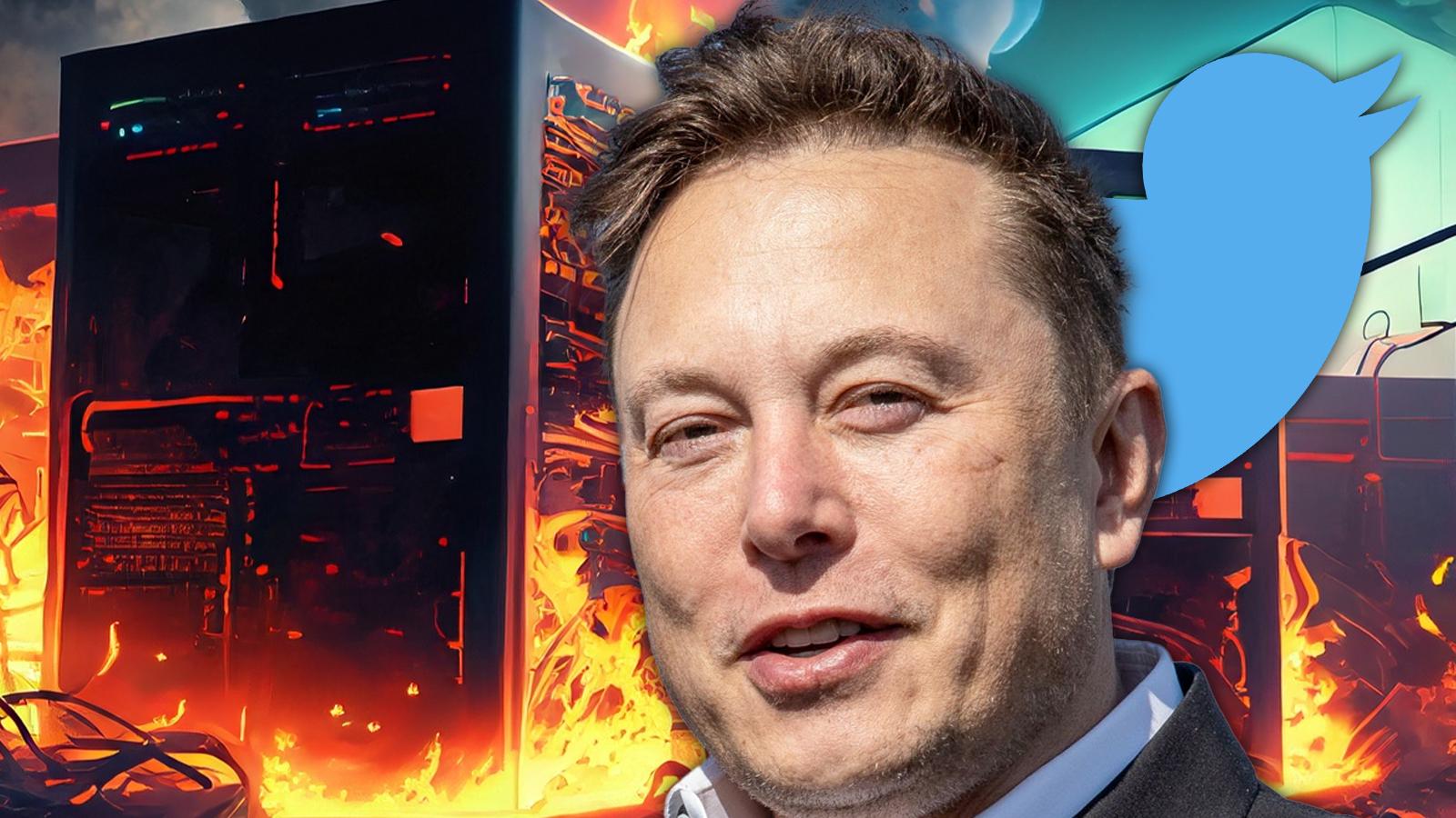 elon musk in front of an ai generated image of a server room on fire, with the twitter logo in the background