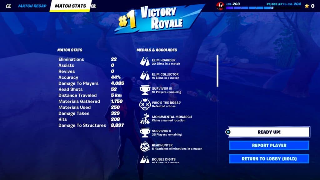 Post Match Accolade summary in Fortnite