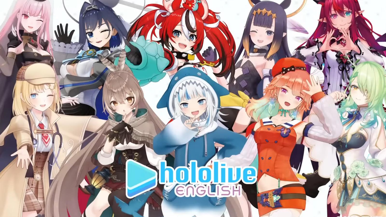 all ten hololive En talents posing behind logo in trailer for gen 3 auditions.