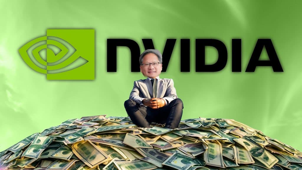 nvidia logo behind a man with jensen huang's head stuck on top sat on a pile of cash