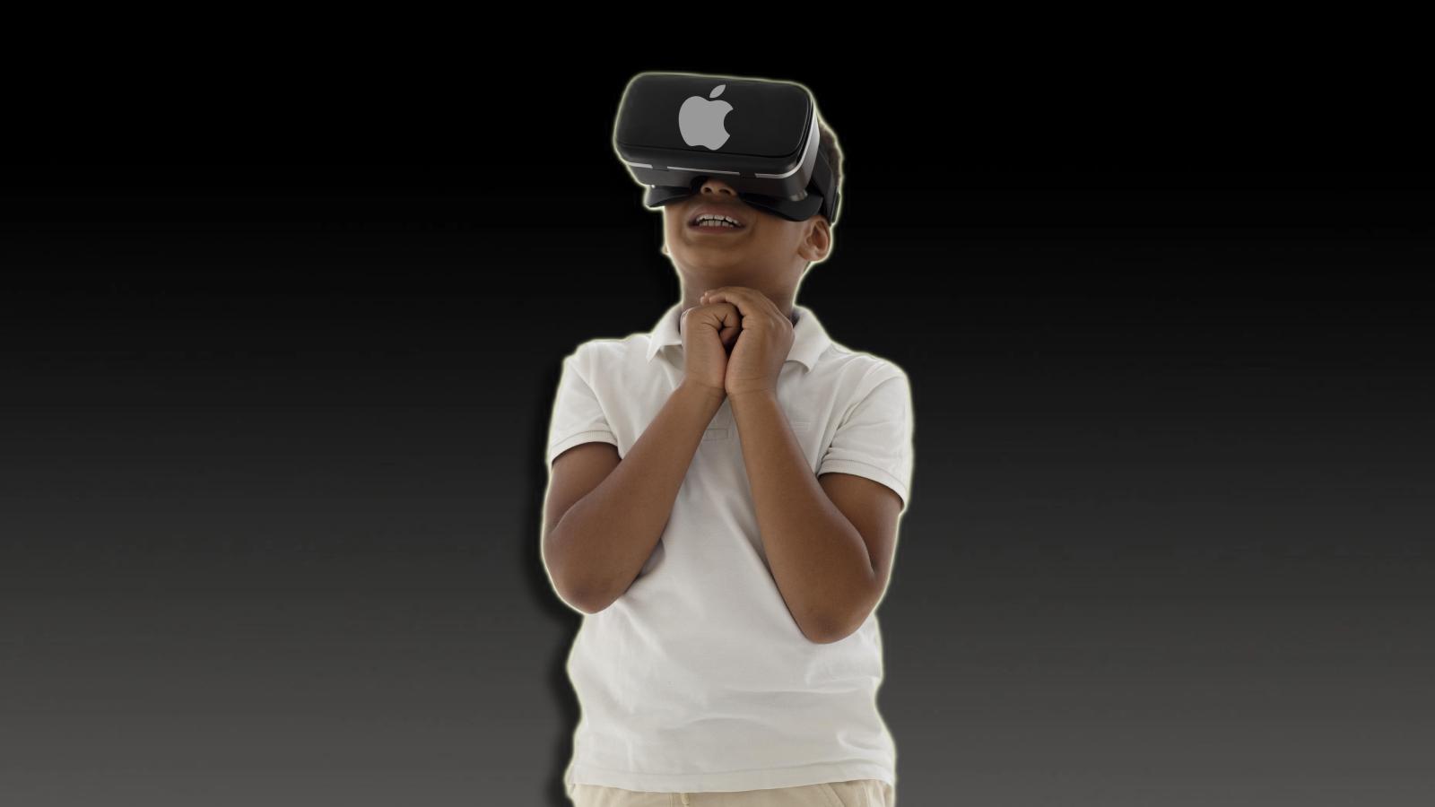 Someone wearing a VR headset with Apple's logo