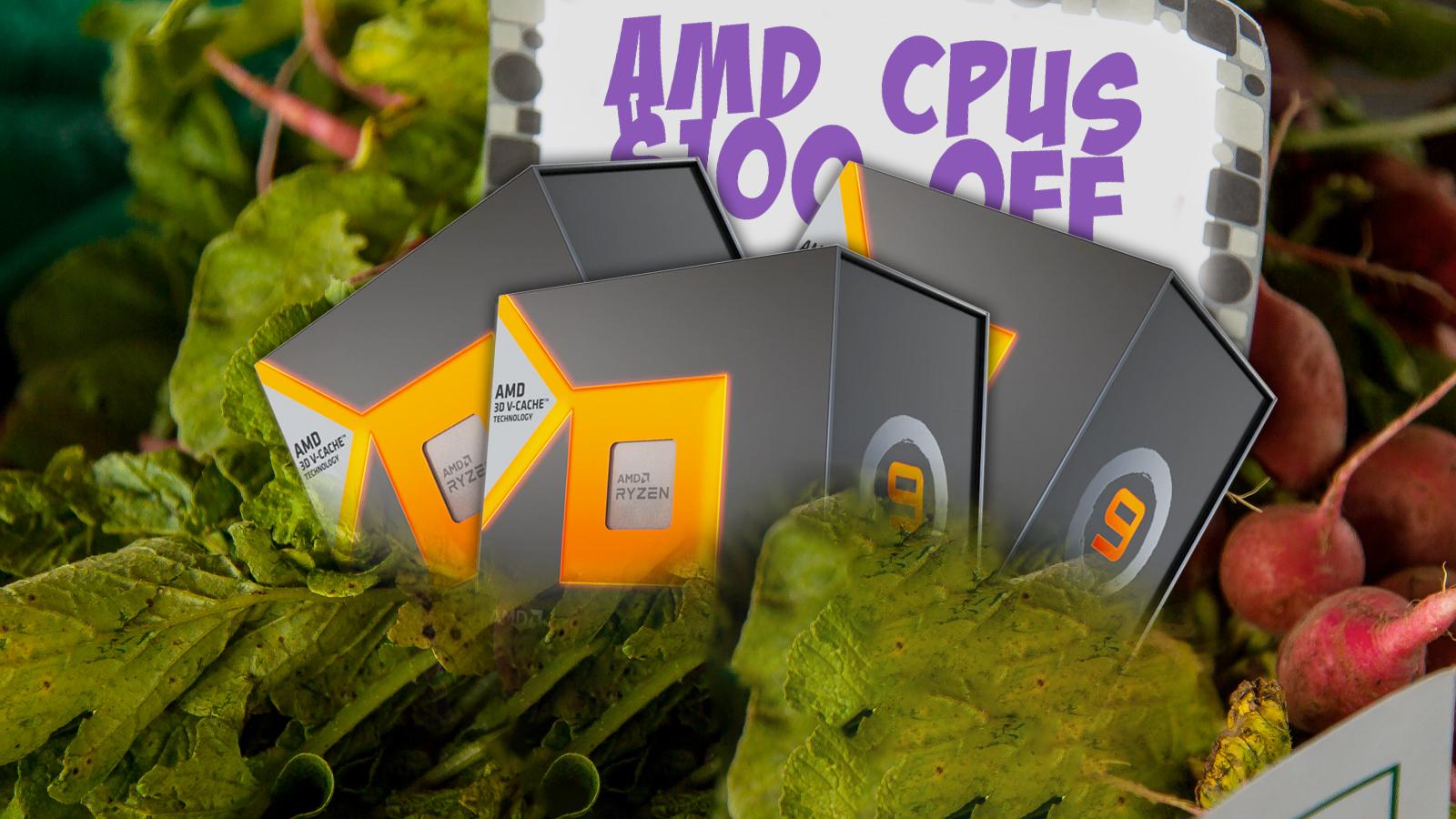 amd cpus being sold a food market with a sign saying they're 100 dollars off