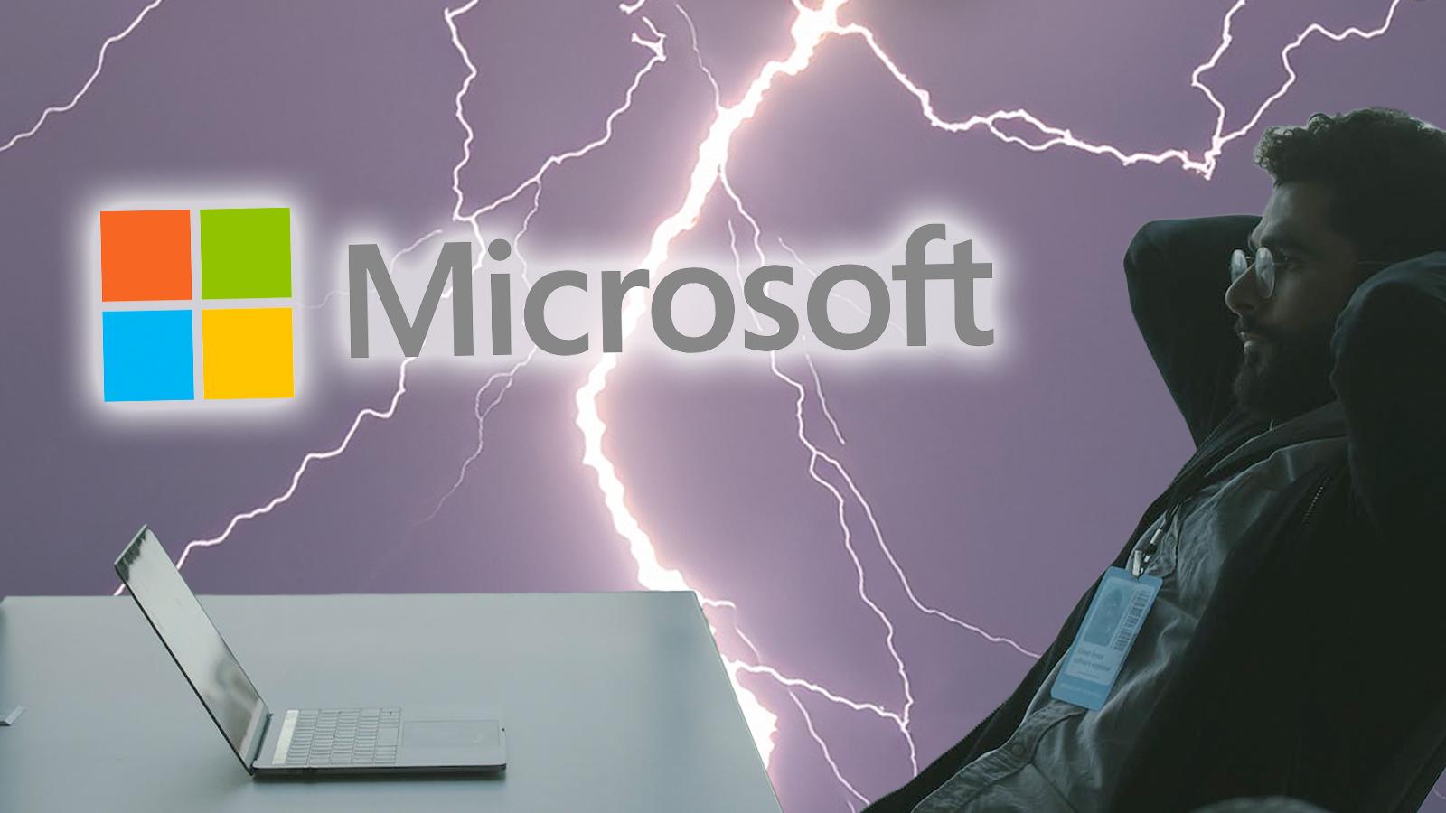 microsoft logo above a thunderstorm as a security expert sits flummoxed at a hack