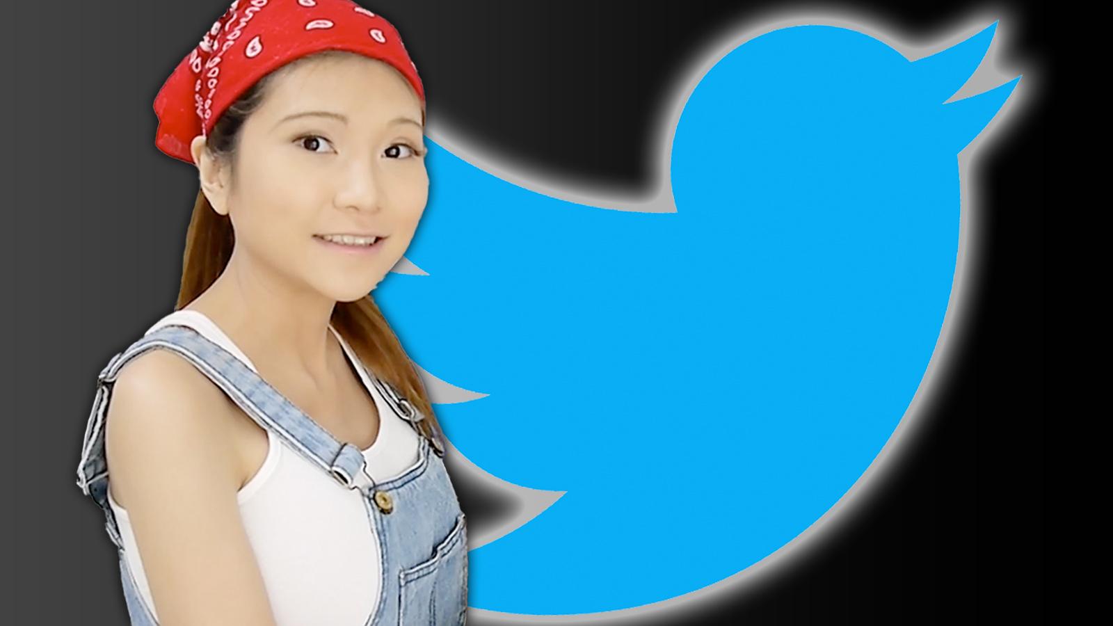 Naomi Wu with the Twitter logo in the background