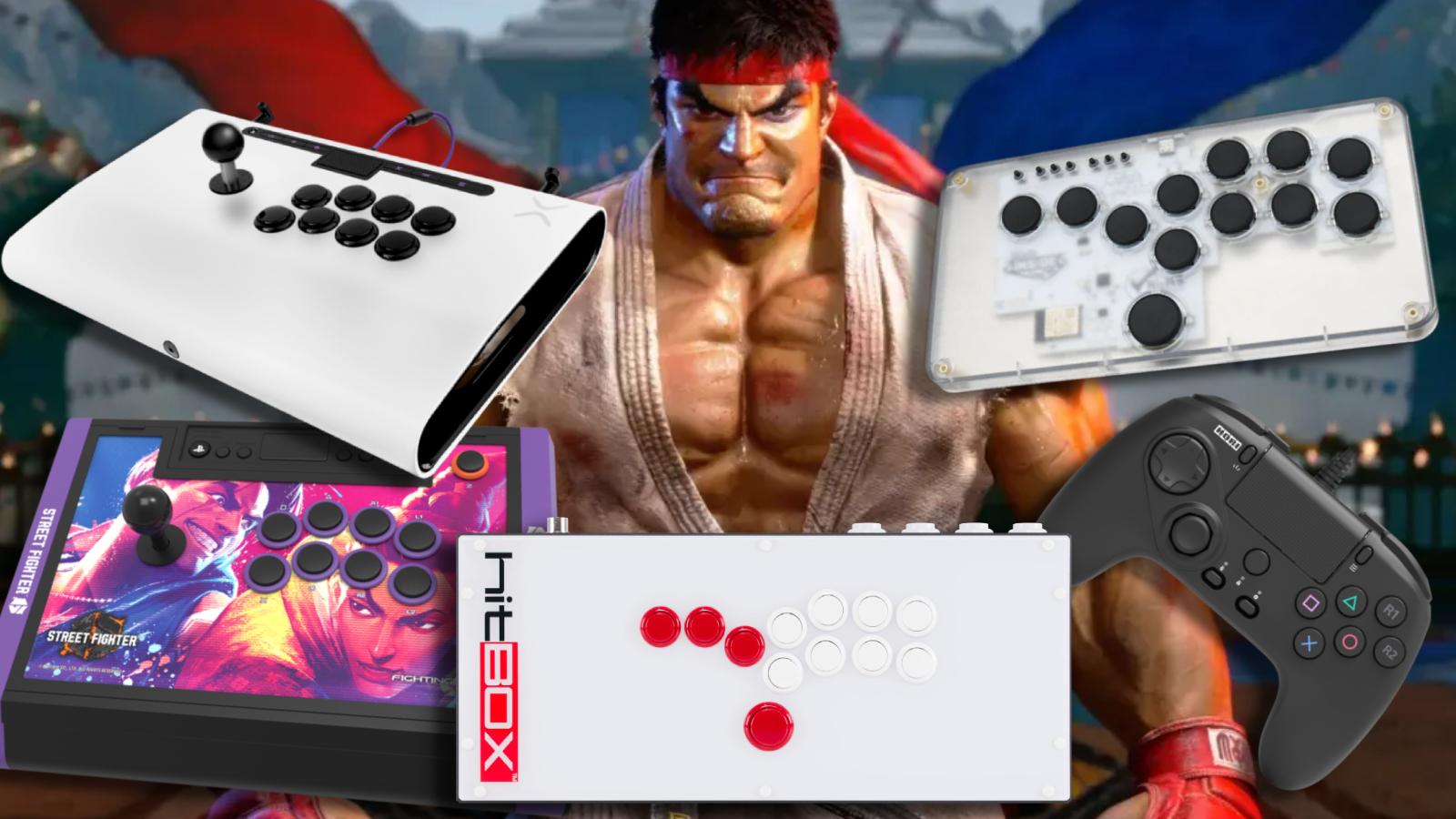 Ryu from Street Fighter surrounded by controllers