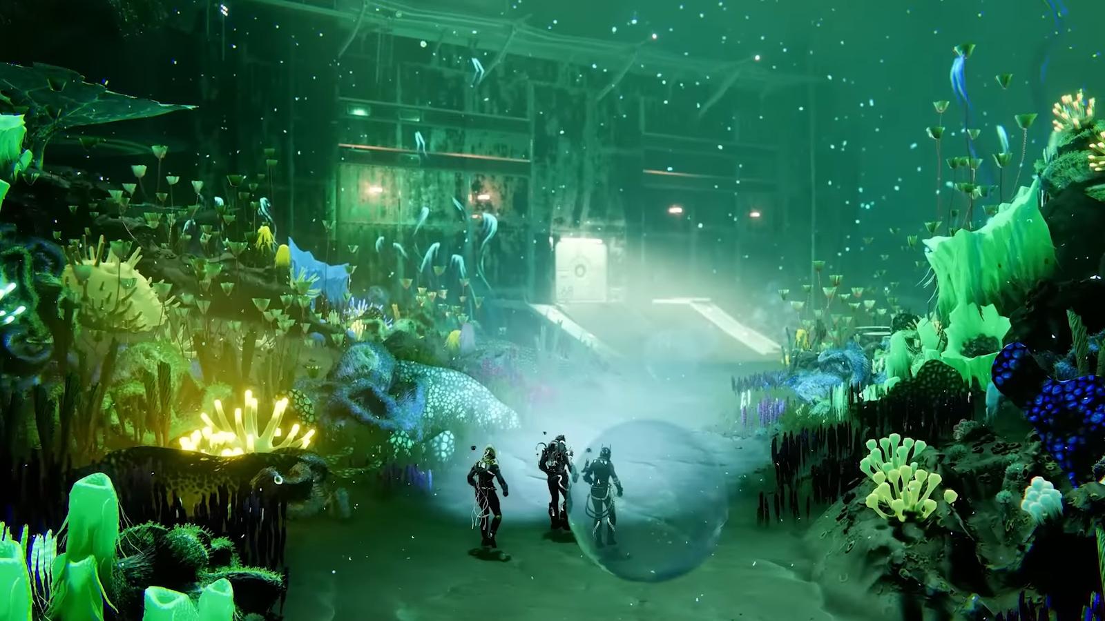 fireteam exploring deep dives playlist in destiny 2 from season of the deep trailer.