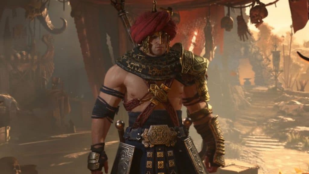 a muscular character in Diablo 4 wearing a red turban