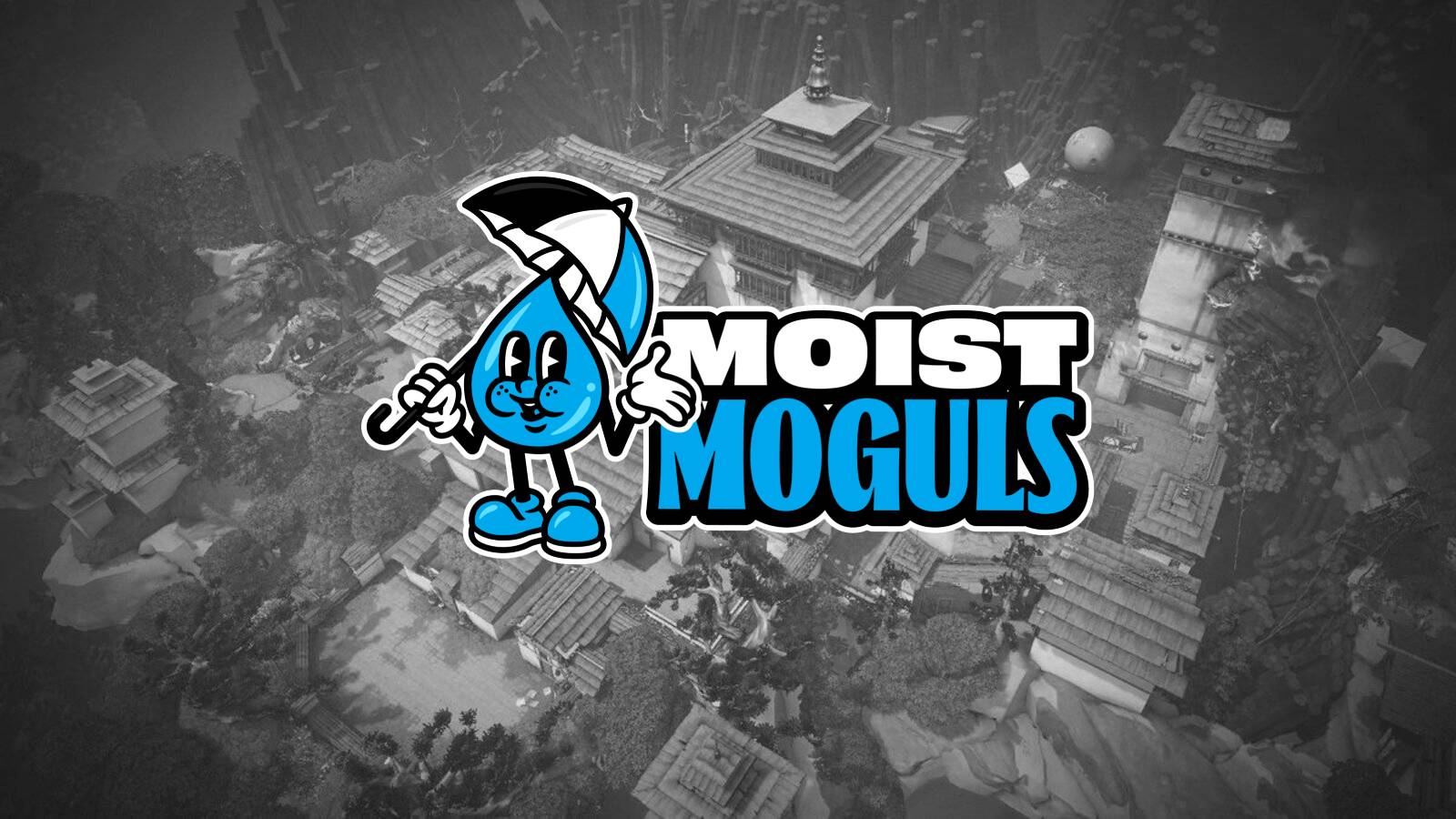 Moist Moguls logo on a Valorant map back ground in back and white.