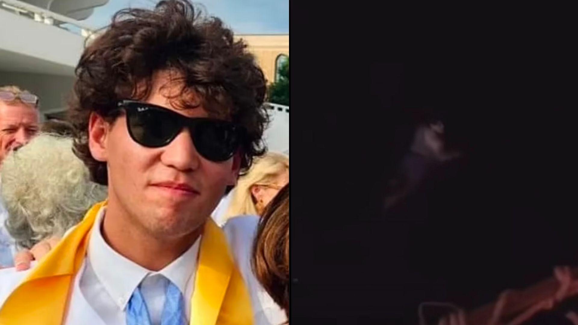 Cameron Robbins in graudation attire side-by-side with video of man in water