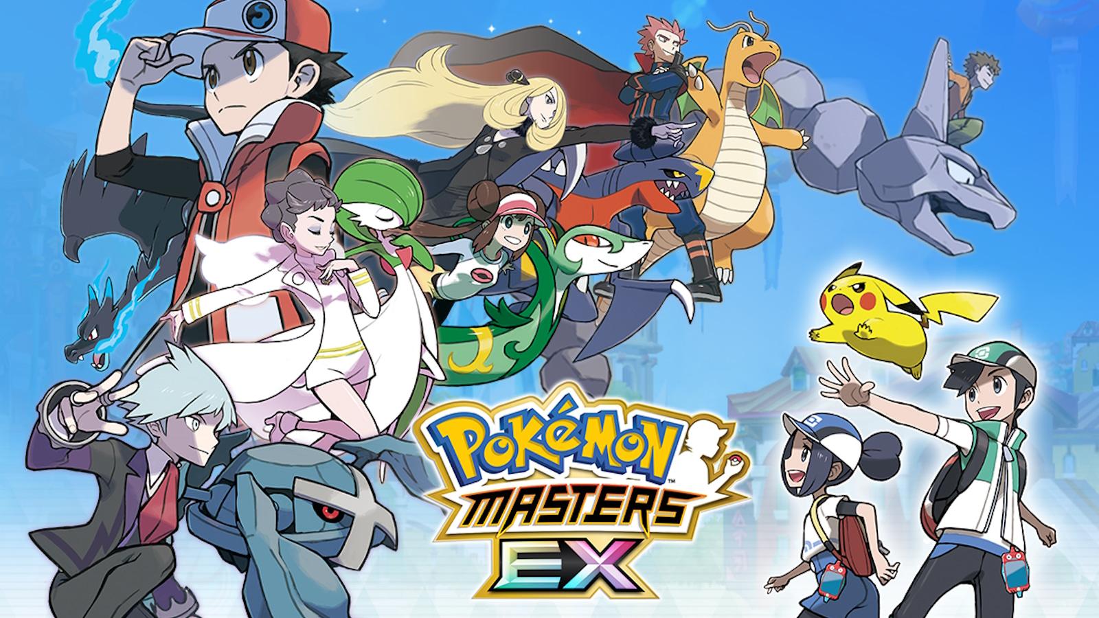 Pokemon Masters EX promotional art featuring a range of sync pairs alongside the game's logo.