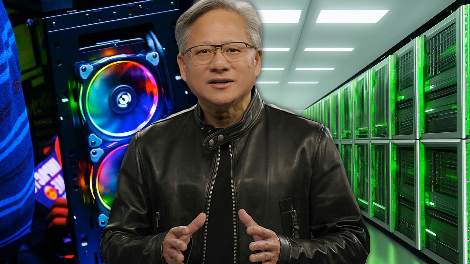 jensen huang nvidia ceo in front of an ai generated server room and a stock image of a gaming pc