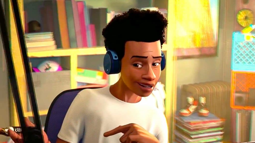 Miles in Spider-Man Across the Spider-Verse, listening to the movie's soundtrack