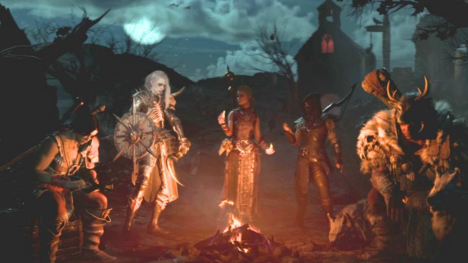 Diablo 4 characters sitting around a camp fire