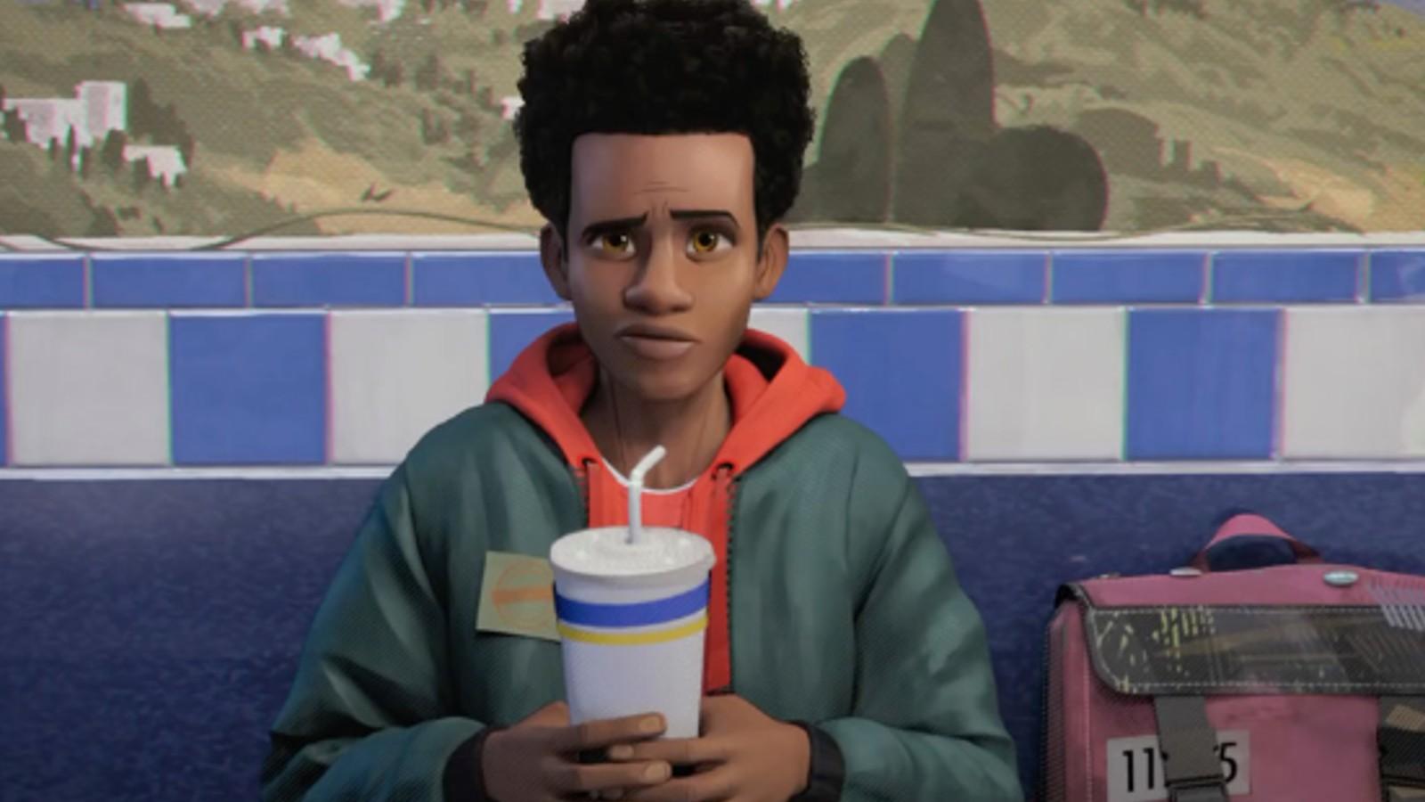 A close up of Miles Morales holding a soda in Spider-Man: Into the Spider-Verse