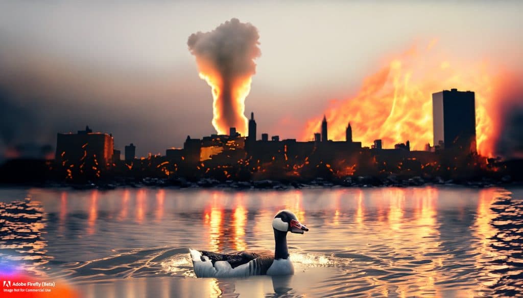 a goose swimming away from a city fire it caused. naughty goose.