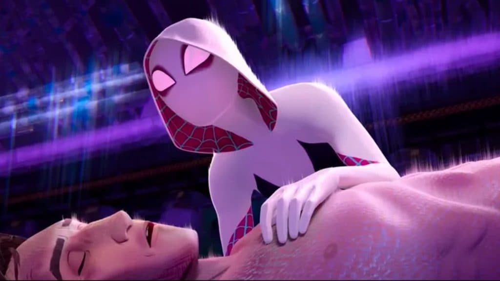 Gwen Stacy and Peter Parker after his transformation into the Lizard in Spider-Man: Across the Spider-Verse