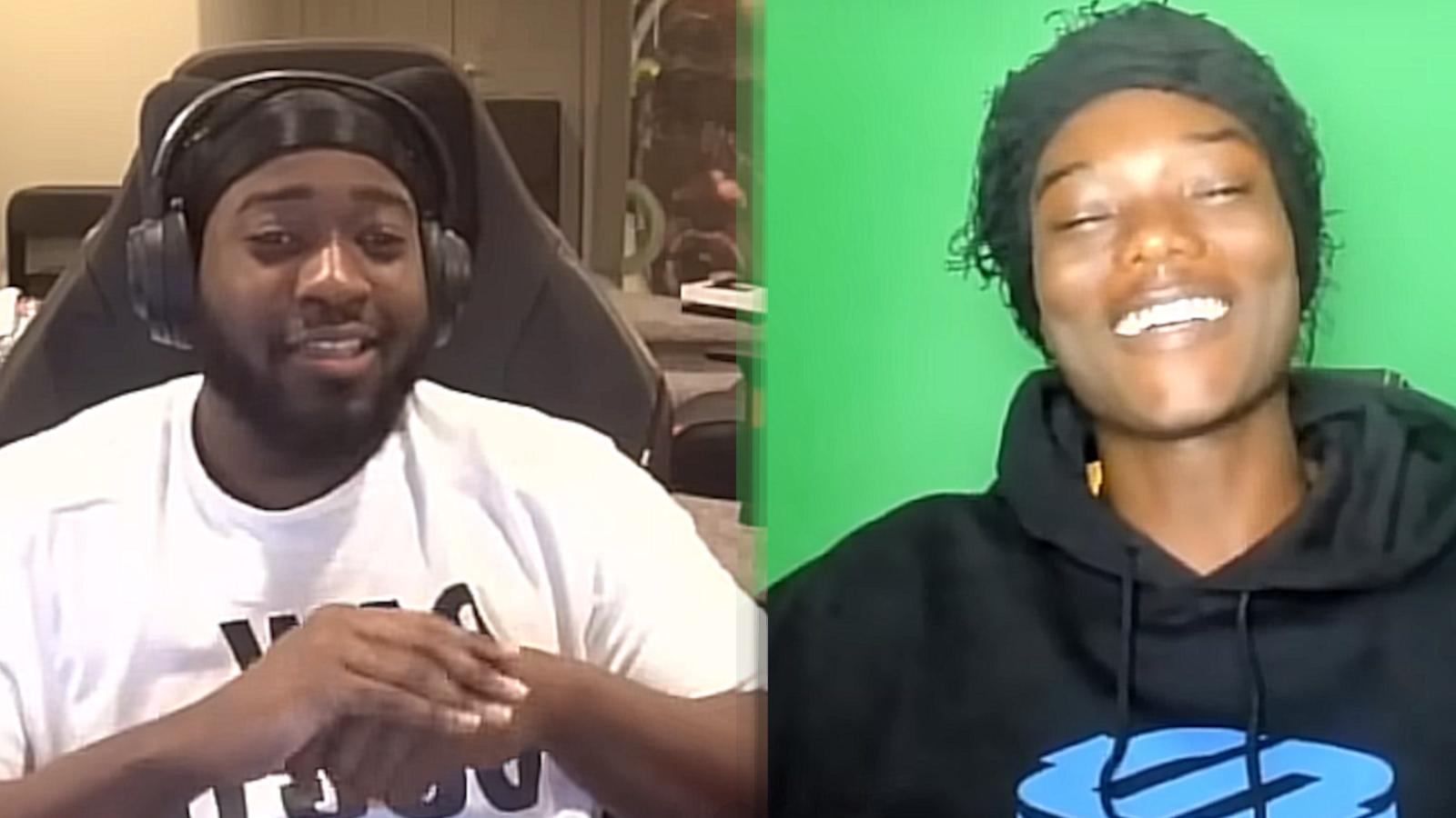 JiDion in his chair (left side), Mizzy sitting in front of a green screen (right side).
