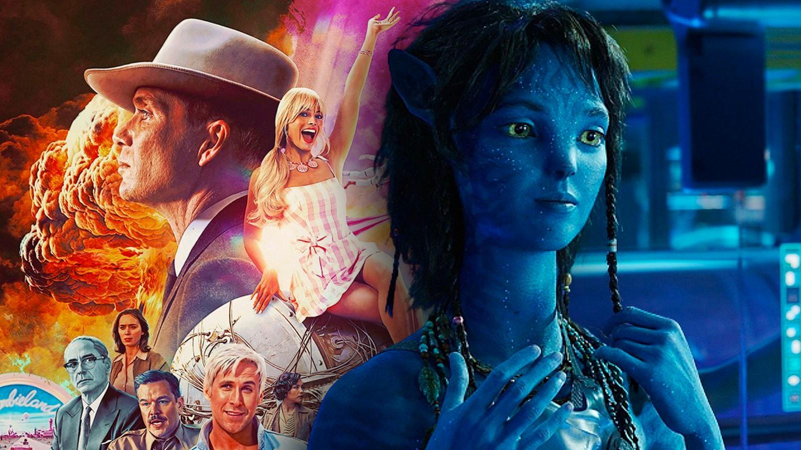 A poster for Barbenheimer (Barbie and Oppenheimer) and a still from Avatar 2, one of the highest-grossing movies of all time