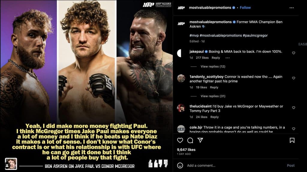 Screenshot of Instagram post from Jake Paul calling out Conor McGregor