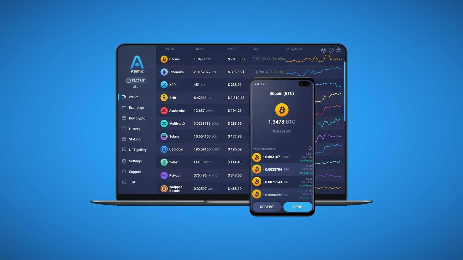 Atomic Wallet promo screen with phone and laptop