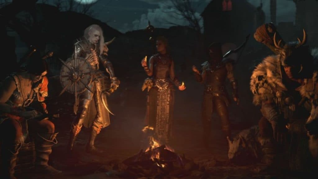 Diablo 4 characters sitting around a campfire