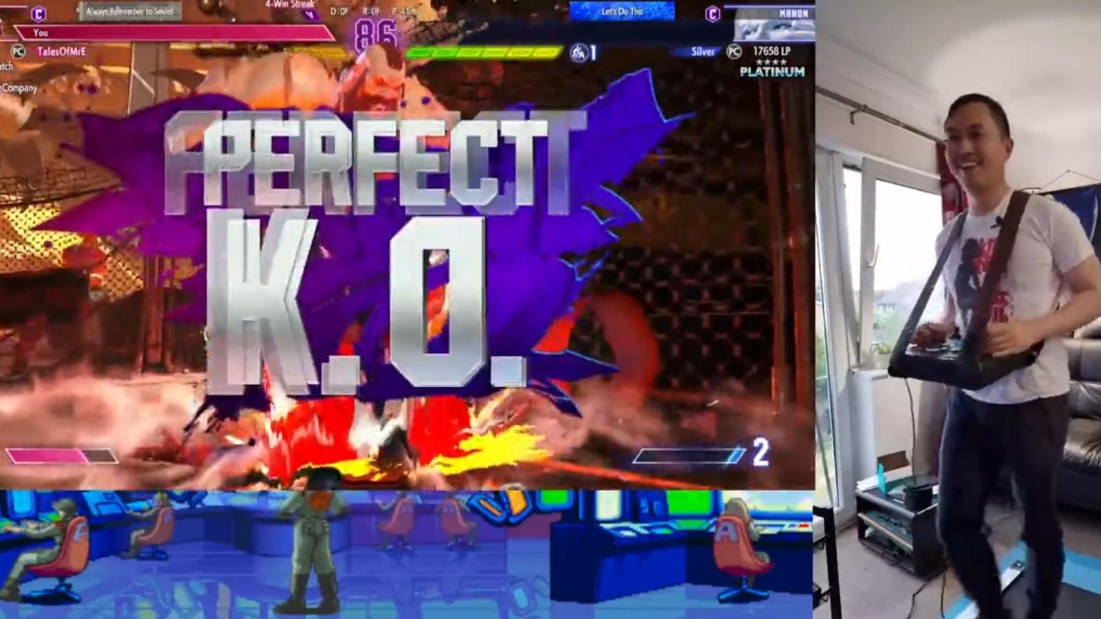 A screenshot of Edwin playing Street Fighter 6 using an arcade stick while on treadmill