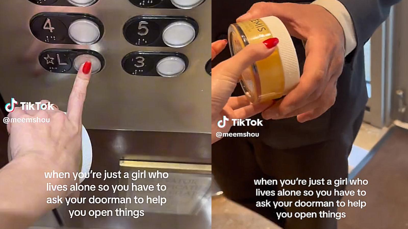 Woman hands a jar to her doorman in a foyer of her appratment complex