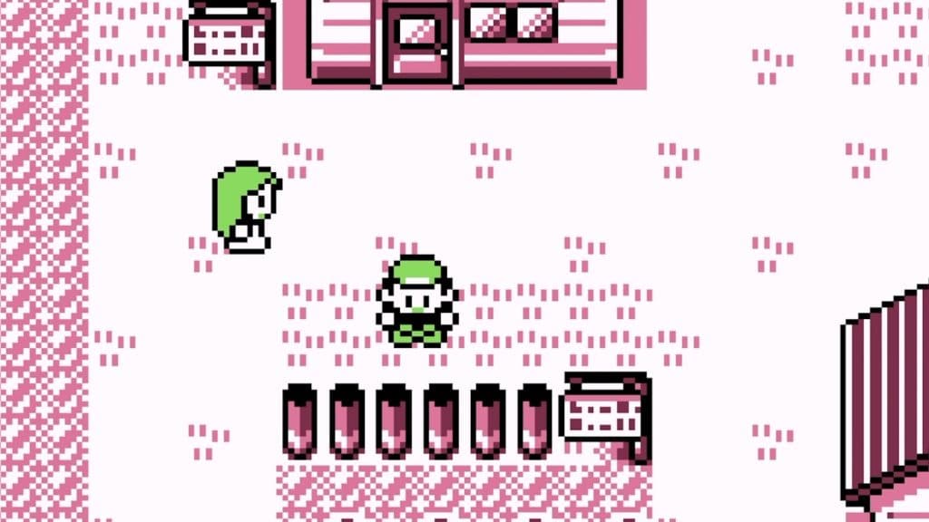 The original Pokemon Red gameplay in starting town on Game Boy.