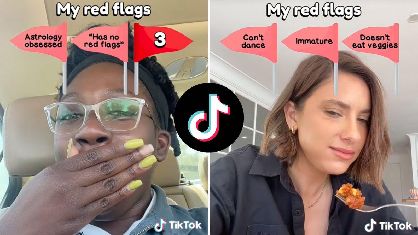 Two TikTok users trying out the red flag filter