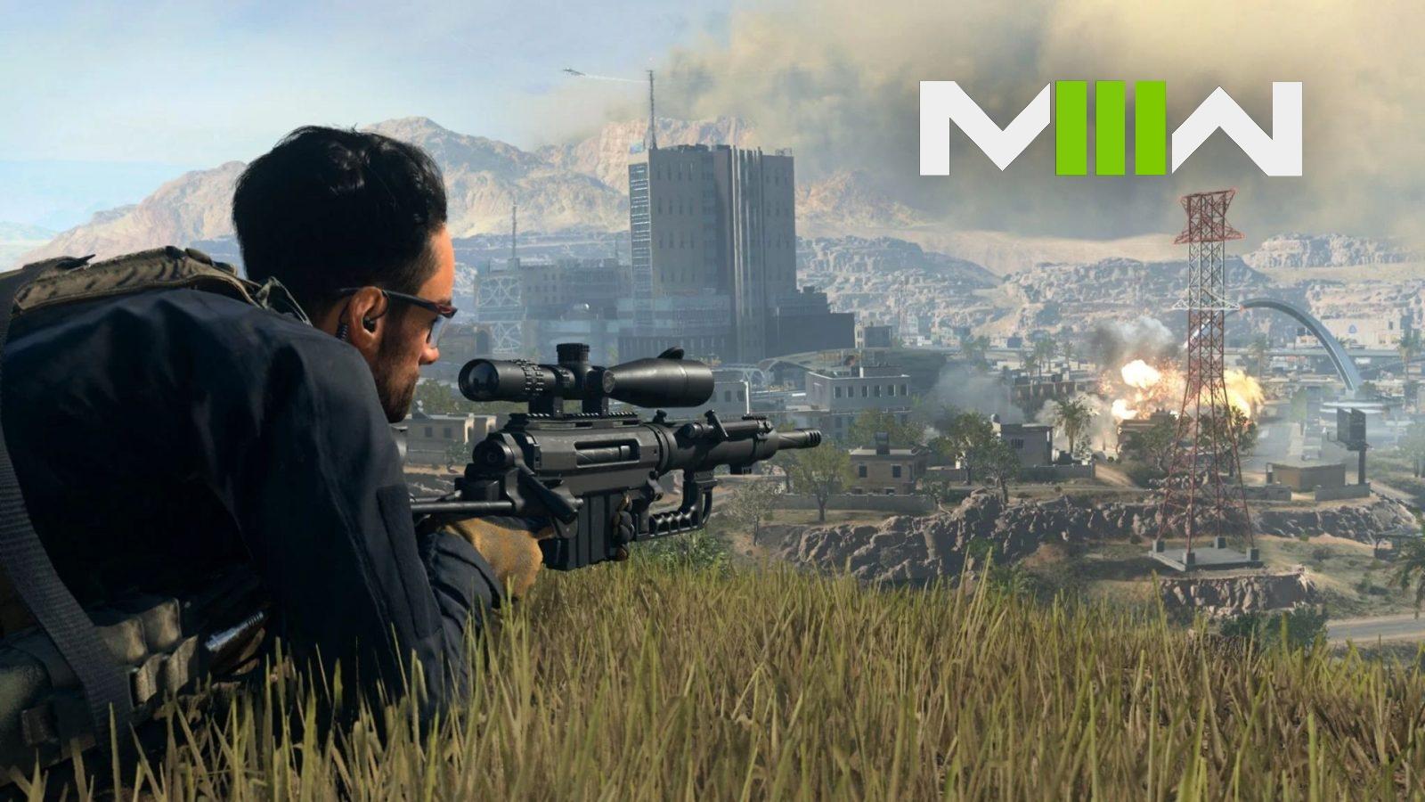 Modern Warfare 3 logo over Al Mazrah Warzone 2 image