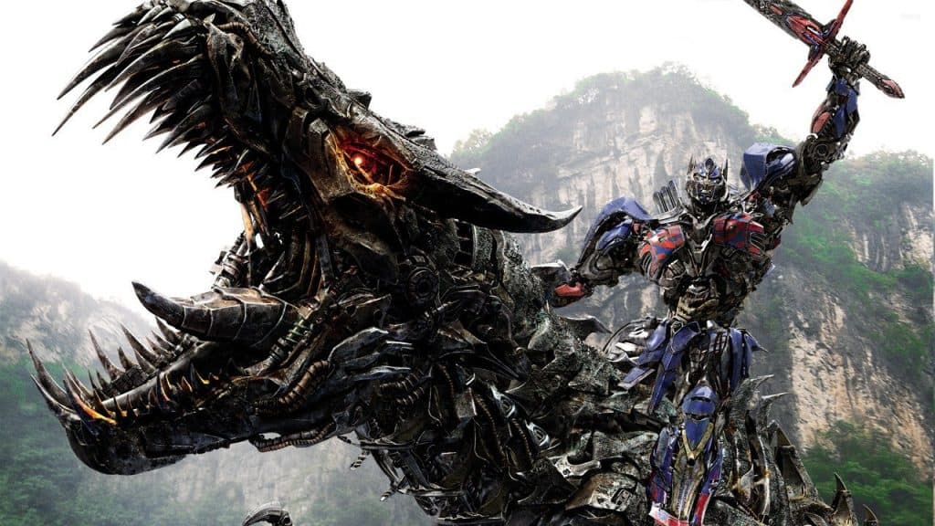 Optimus Prime and a Dinobot in Transformers: Age of Extinction