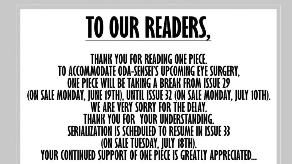 An image from One Piece manga announcing the chapter 1087 delay