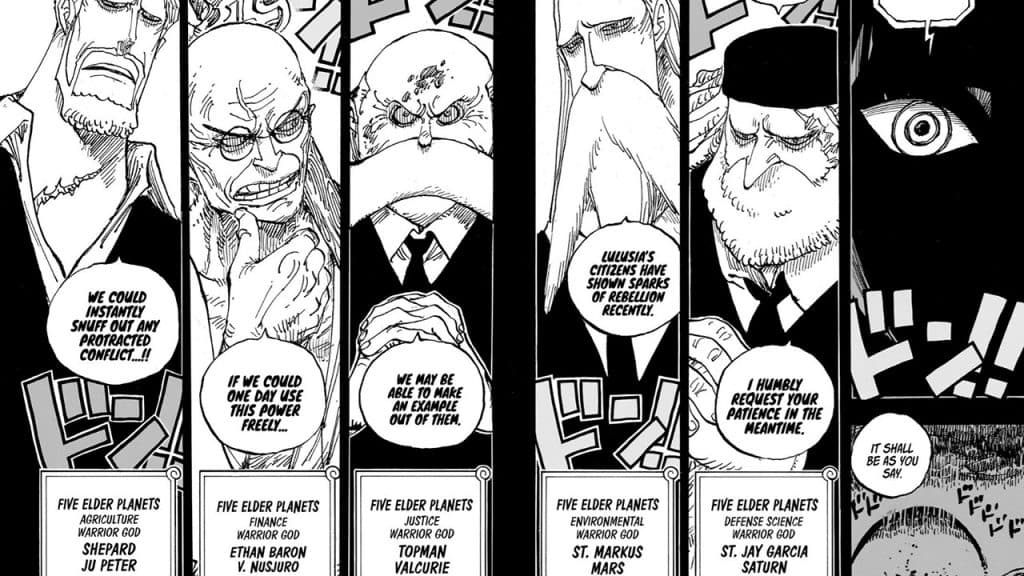 A panel from the One Piece revealing the names of Gorosei
