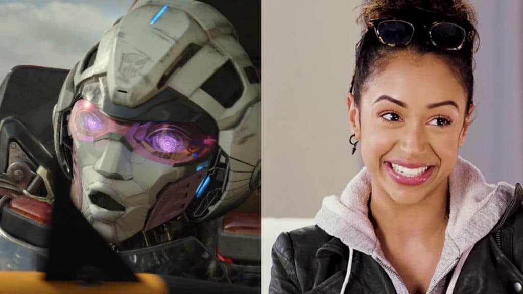 Arcee in Rise of the Beasts and still of Liza Koshy