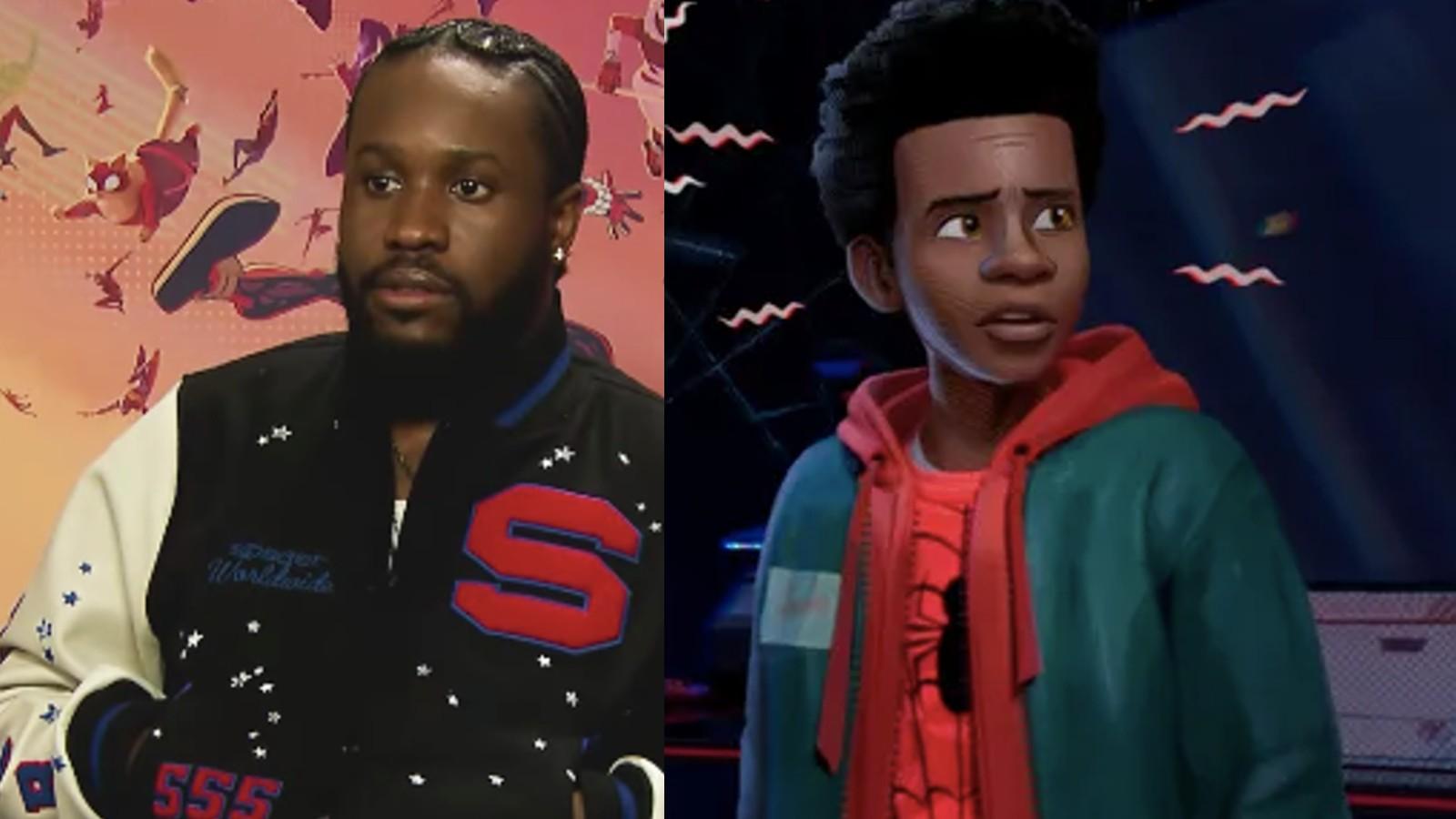 Shameik Moore in an interview and a close up of Miles Morales in Spider-Man: Into the Spider-Verse