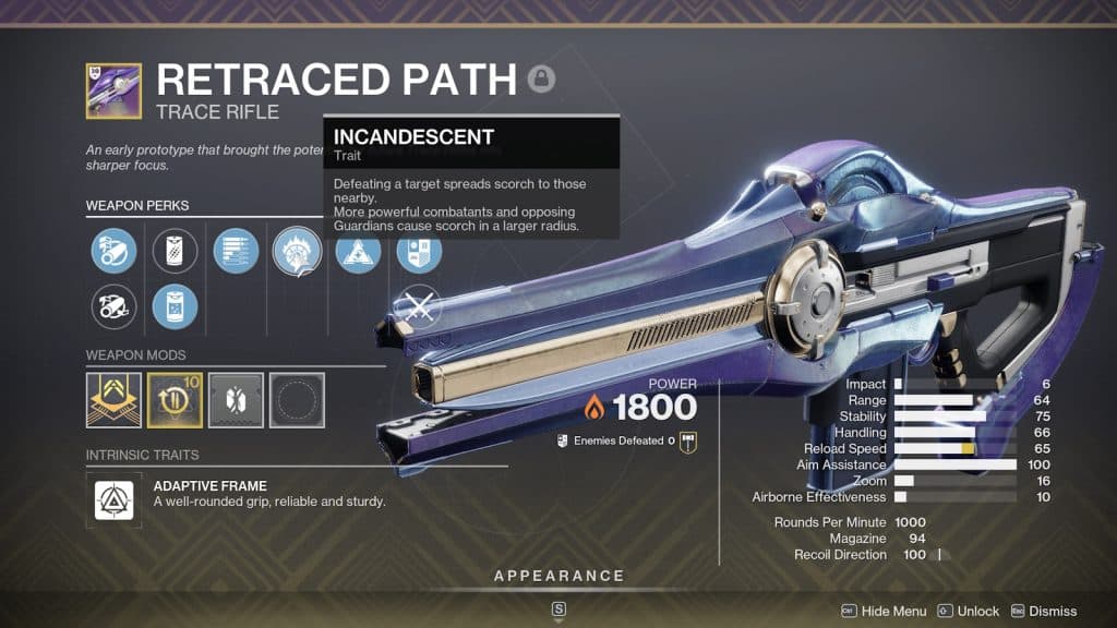 Retraced Path Legendary Trace Rifle with Incandescent trait from Destiny 2.
