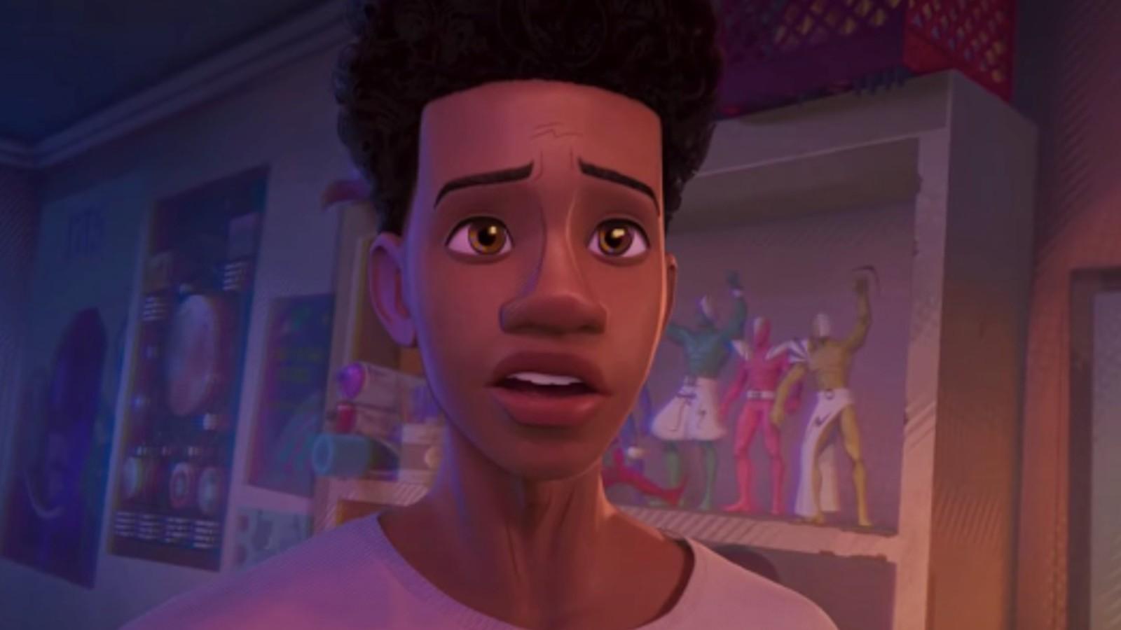 A close up of Miles Morales in Spider-Man: Into the Spider-Verse