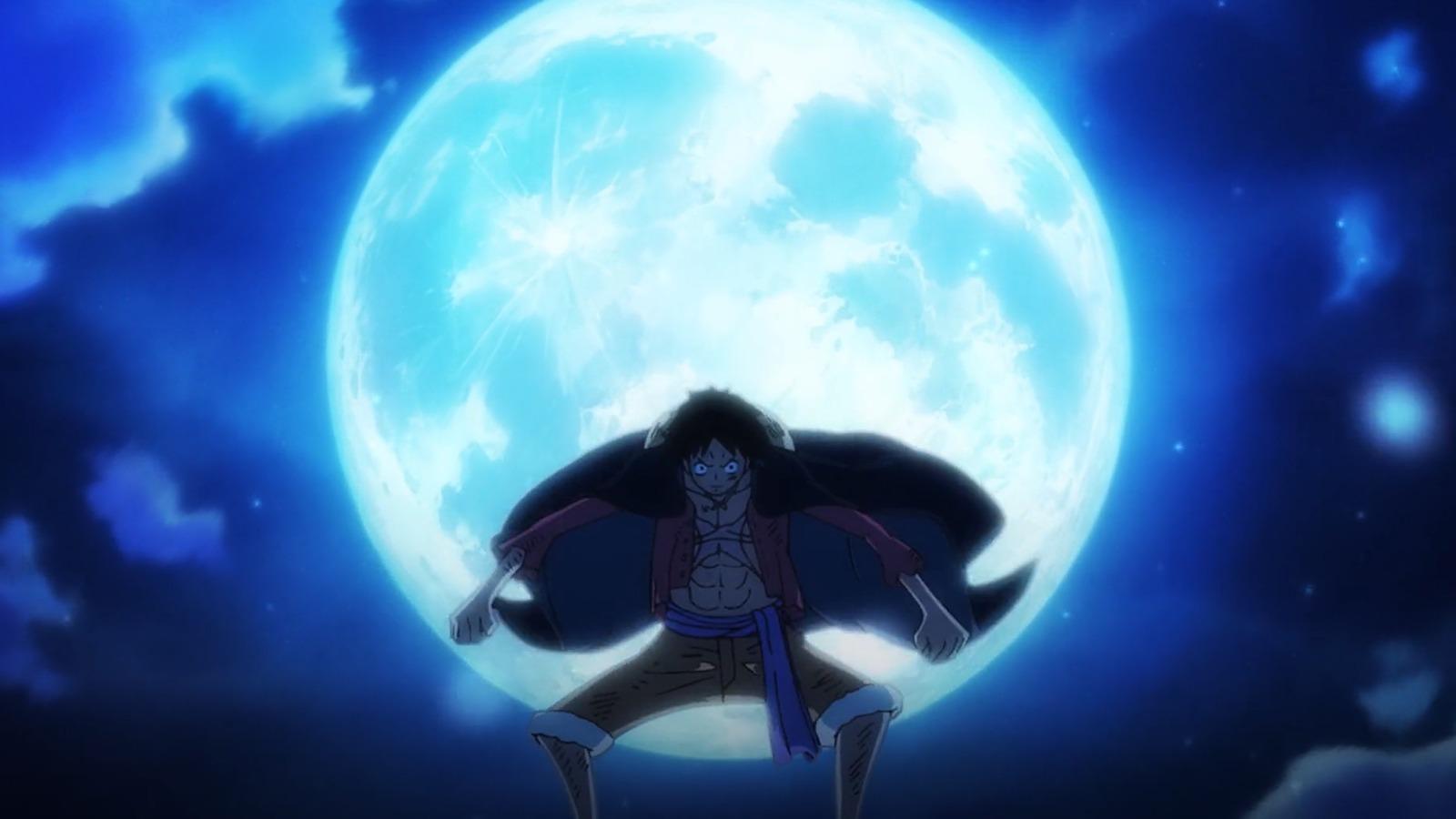 An image of Luffy under the moon in One Piece