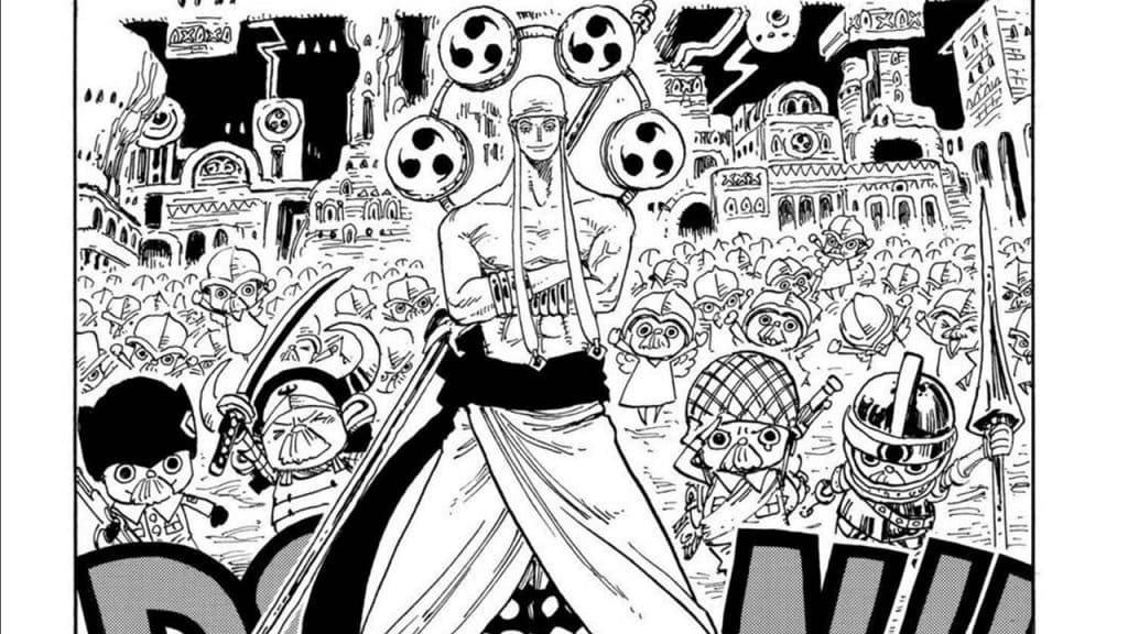A panel from One Piece manga featuring Enel's side story