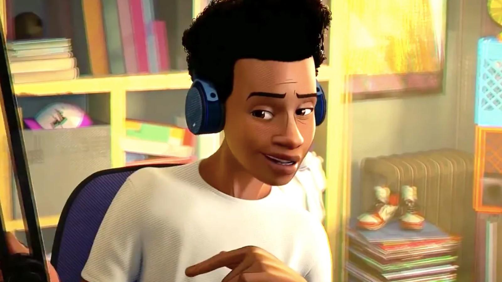 A close up of Miles Morales listening to music