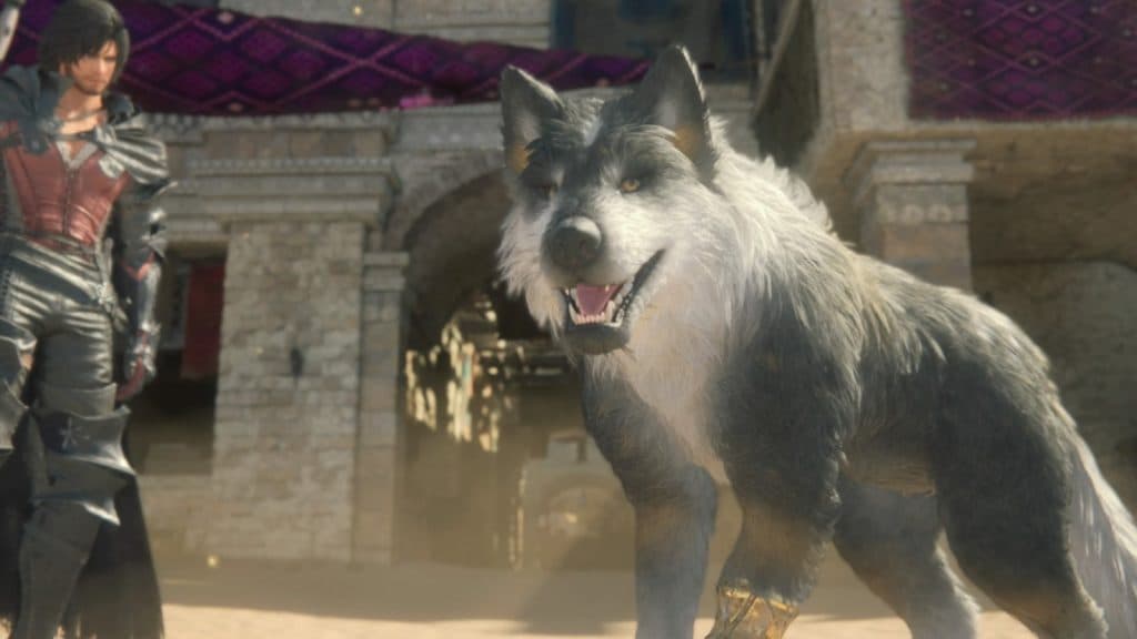 An image of Torgal the dog in Final Fantasy XVI, who players can pet.